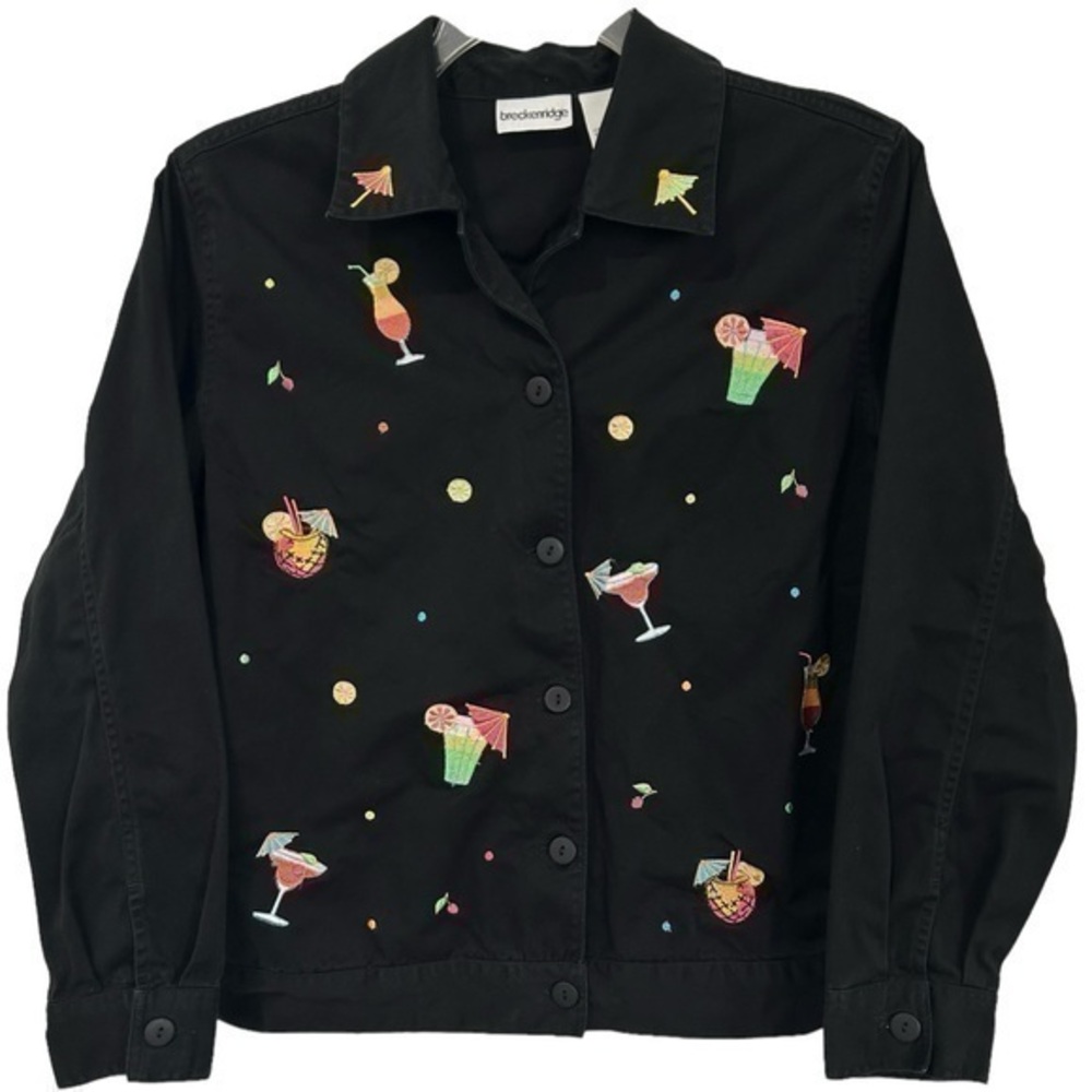 Breckenridge Women Denim Jacket Black Embroidered Cocktails Button Down Size M